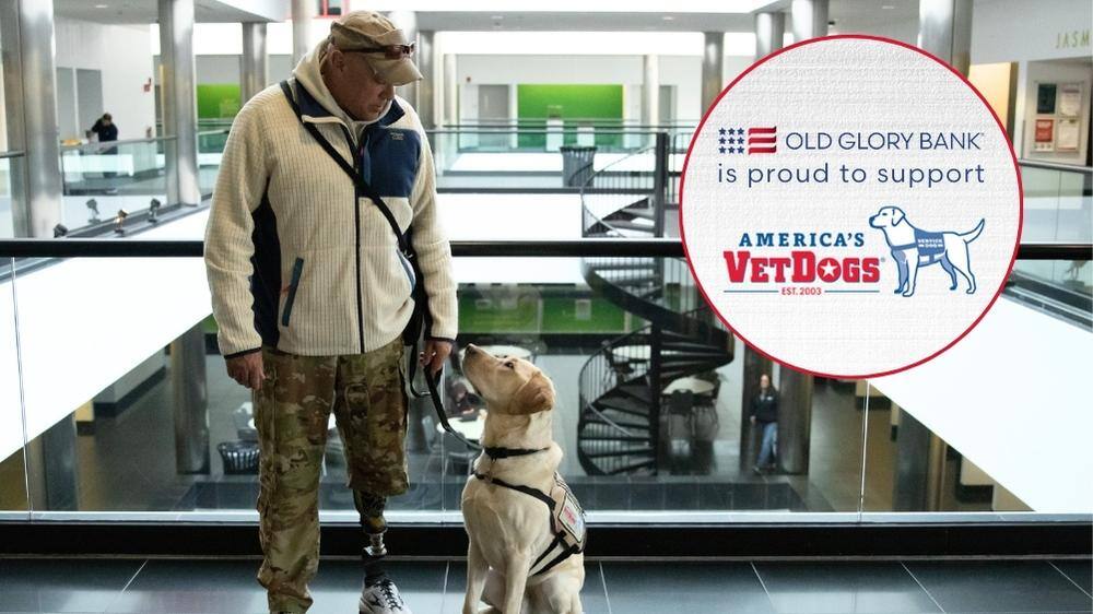 Service dog sitting next to owner